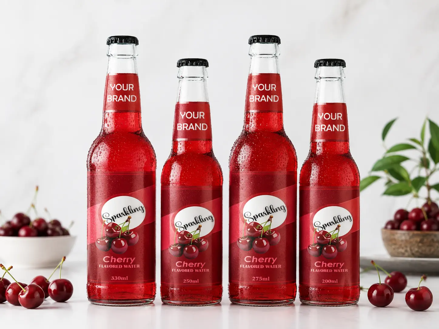 SPARKLING FLAVORED WATER Cherry 330ml, 250ml, 275ml and 200ml glass bottles